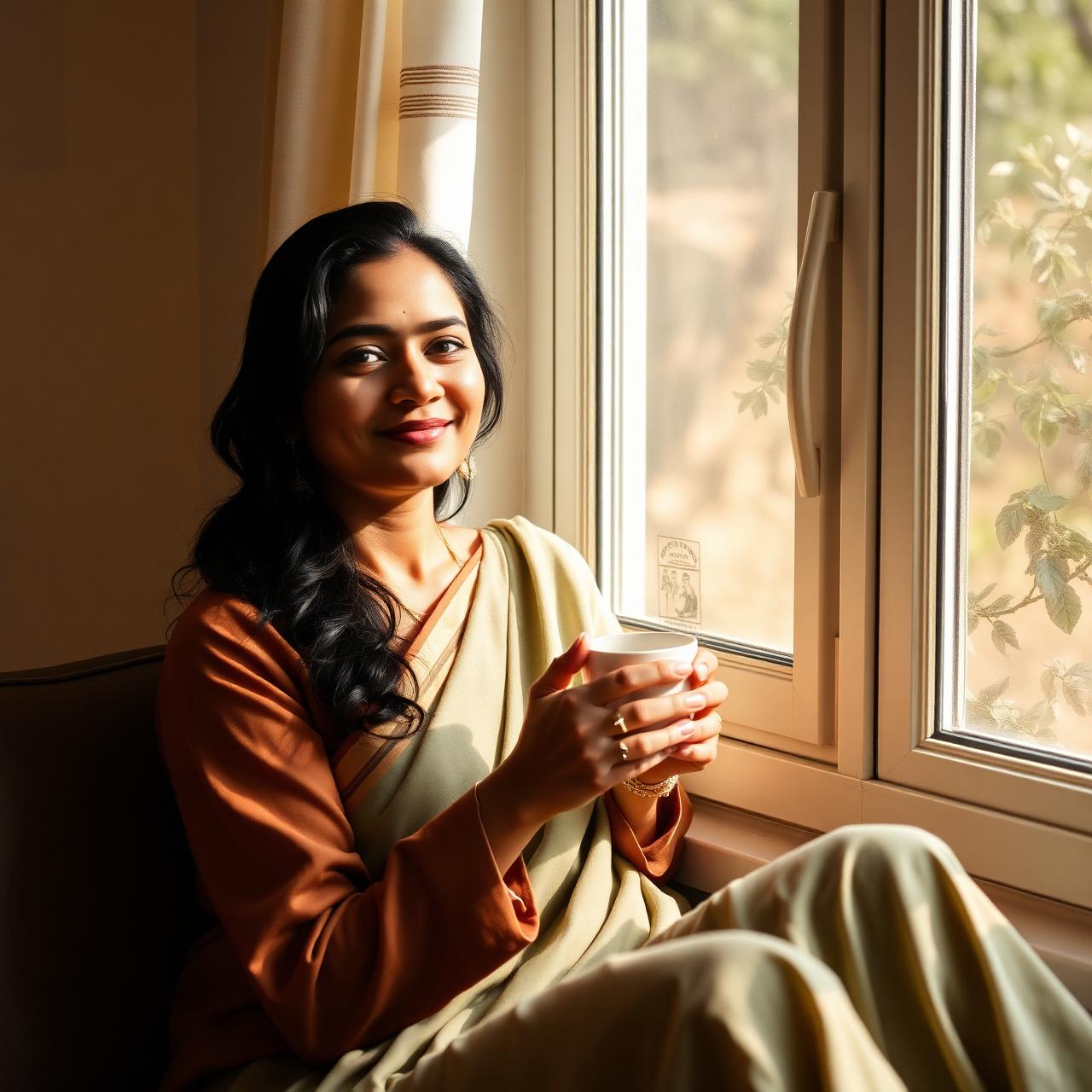 A calm, confident mother sitting peacefully by a sunlit window